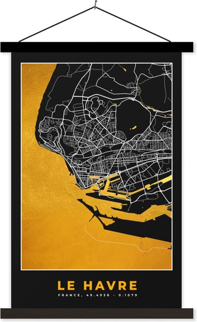 Posterhanger incl. Poster 40x60 cm - Schoolplaat - Stadskaart – Frankrijk – Kaart – Le Havre – Plattegrond - Textielposter - Zwarte latten - Stadskaart