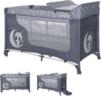 Reisbed met box - Babybed campingbed - Veilig slapen spelen - Twee slaapniveaus - 128 x 74 cm - Grijs