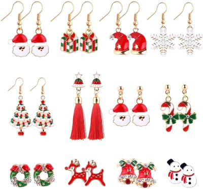 Dailygoods- Kerstoorbellen 12 Paar - Kerstman/Sneeuwpop/Sneeuwvlok/Rendier/Kerstbomen - Sieraden voor Vrouwen/Meisjes - Kleurrijk/Legering - Kerstsieraden