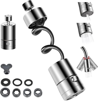 Kraanopzetstuk met uitschuifbare verlenging en 360° draaibare sproeikop voor douche, keuken en badkamer - Waterbesparend, 2 sproeifuncties.