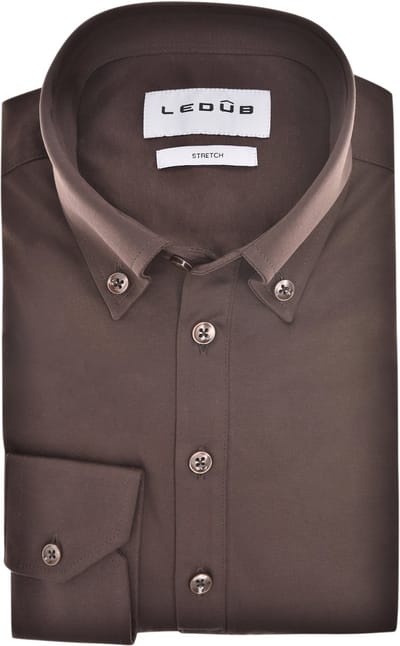 Ledub modern fit polo overhemd - tricot - jersey - donkerbruin - Strijkvriendelijk - Boordmaat: 39