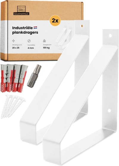 GoudmetHout® Industriële Plankdragers - 20 cm - Stalen Plankdrager voor Wandschap, Muurrek of Wandconsole - Max 100 kg - 2 Stuks - Mat Wit