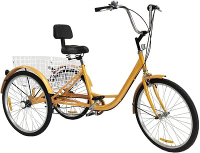 Driewieler voor volwassenen 24 inch trike fiets Cruise 3 wielen 6 versnellingen senioren Cruise Trike fiets volwassenen fiets met rugleuning mand geel