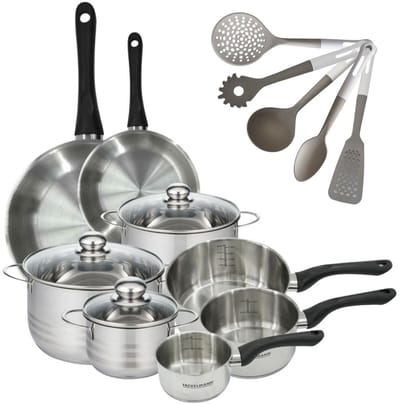 Set 2 pannen 20 28 cm, 3 steelpannen 12 16 20 cm, 3 braadpannen 16, 20 en 24 cm in roestvrij staal en 5 keukengerei Fackelmann Geneva