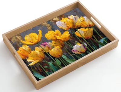 Dienblad hout 50x35 cm - Schootdienblad - Tulpen - Geel - Penseelstreken - Abstract - Borrelplank rechthoek - Plateau dienbladen