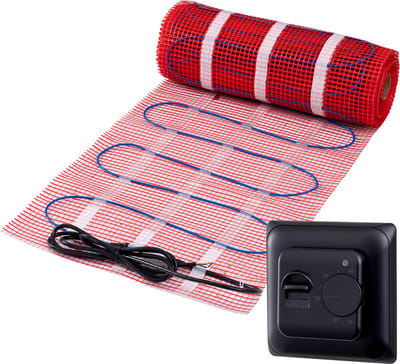 Complete elektrische vloerverwarming set, 150 watt incl analoge thermostaat, 1 m², Zwart