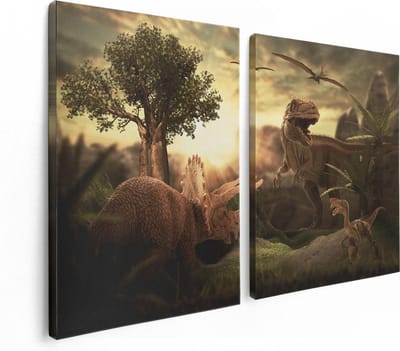 Artaza Canvas Schilderij Tweeluik Dinosauriërs in de Natuur - Dino's  - 120x80 - Foto Op Canvas - Canvas Print