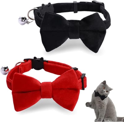 2 stuks fluwelen kattenhalsband met bel en vlinderdas, verstelbare breakaway kattenhalsbanden kitten kleine puppy veiligheid vlinderdas effen bruiloft basic kleur kat vlinderdas kraag