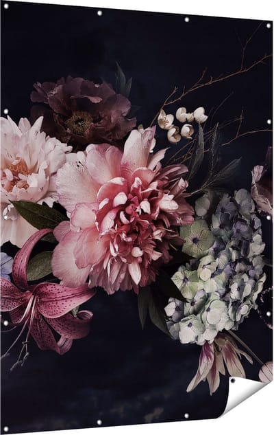 Gards Tuinposter Diverse Bloemen op Zwart Achtergrond - 120x160 cm - Tuindoek - Tuindecoratie - Wanddecoratie buiten - Tuinschilderij