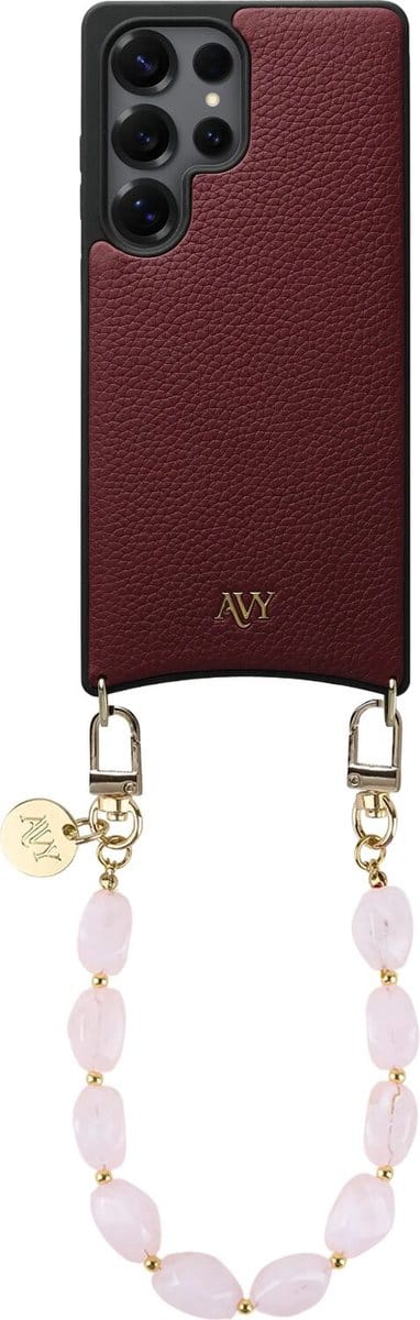 AVY Leren Hoesje Geschikt voor Samsung Galaxy S25 Ultra | Compatibel met MagSafe | Leather Case met Telefoonkoord | Polsbandje | Burgundy | Rocher Pink