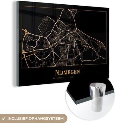 MuchoWow® Glasschilderij 60x40 cm - Schilderij acrylglas - Nijmegen - Kaart - Goud - Zwart - Foto op glas - Schilderijen