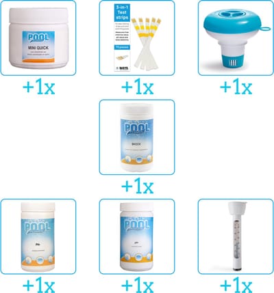 Zwembad Onderhoudspakket - Onderhoud Zwembad - bevat Chloor - Testrips - Chloordrijver - Chloor - PH-min - PH-plus en Thermometer (7-delig)