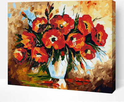 Schilderen Op Nummer Volwassenen DIY Hybrid Paint By Number Diamond Painting - Compleet Hobby Pakket op Frame met Vernis - ®Arty Bee - Klaprozen Boeket - 40x50cm