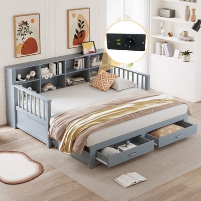 Sweiko Slaapbank - 90/180x190 cm - Uitschuifbaar massief houten bed - Met oplaadpoort + 2 laden - Grijs
