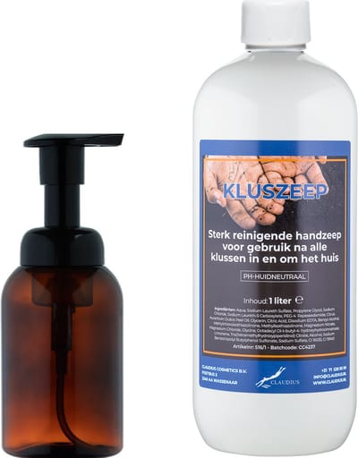 Zeepdispenser 300 ml amber bruin hervulbaar + 1 liter Kluszeep navulling