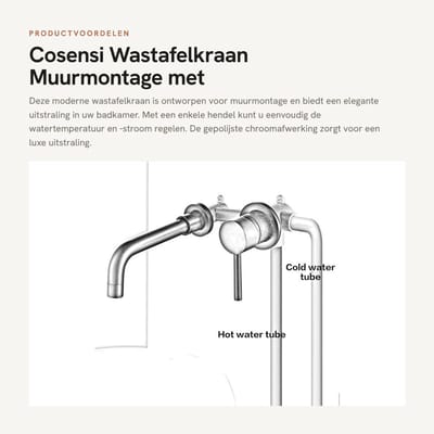 Dailygoods- Wastafelkraan Muurmontage - Enkele Hendel Mengkraan - Gepolijst Chroom - Keramische Klep - Messing - Modern Design - Badkamerkraan