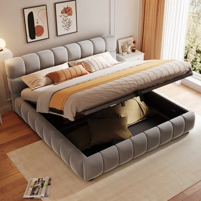 MODFU Gestoffeerd Bed met Hydraulische Opbergruimte – 140x200 cm – Ingelegd Matrasontwerp – 26 Latten – Fluweel – Grijs