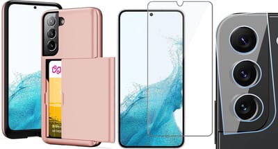 Hoesje met Pasjeshouder geschikt voor Samsung Galaxy S22 - Screenprotector GlassGuard & Camera Lens Screen Protector - Back Cover SlideCase Roségoud