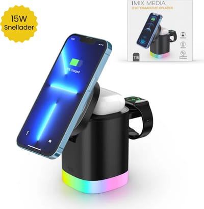 Mix-Media 3-in-1 Draadloze Oplader (15W snellader) Geschikt voor Apple Iphone and Android smartphones - Opvouwbaar - Geschikt voor Apple Airpods en IWatch - Draadloos Qi Station met LED-verlichting - zwart
