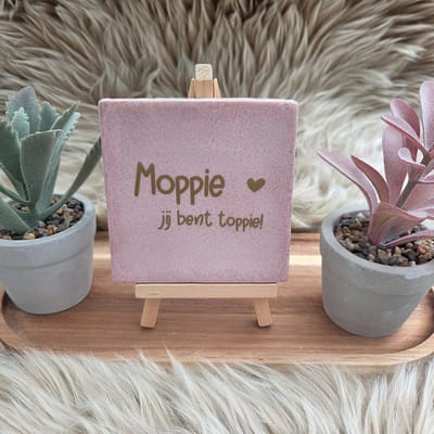 Robuust wenstegeltje – Moppie Jij Bent Toppie – Hip trendy tegeltje – Cadeau voor Nieuwe Woning, Housewarming of Gezinscadeau – Sfeervol en Persoonlijk - Vriend(in) – Trendy nu – Decoratief Tegeltje met Standaard – Cadeau Idee