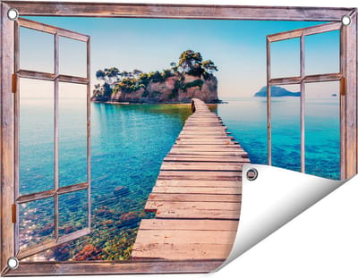 Gards Tuinposter Doorkijk Pad op het Water naar een Grieks Eiland - 60x40 cm - Tuindoek - Tuindecoratie - Wanddecoratie buiten - Tuinschilderij