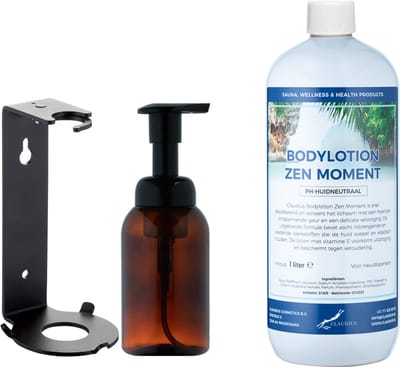 Zeepdispenser 300 ml amber bruin hervulbaar + 1 liter Bodylotion Zen Moment navulling (inclusief beugel)