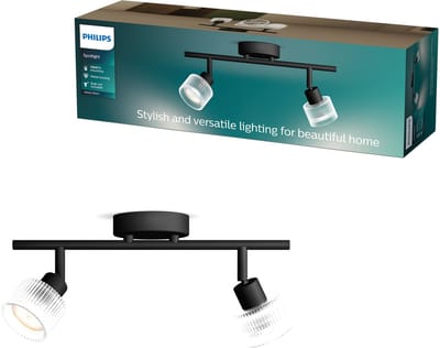 Philips Horen Opbouwspot - LED GU10 fitting - Richtbaar - 2 lichtpunten - ClickFix - Zwart met geribbeld glas