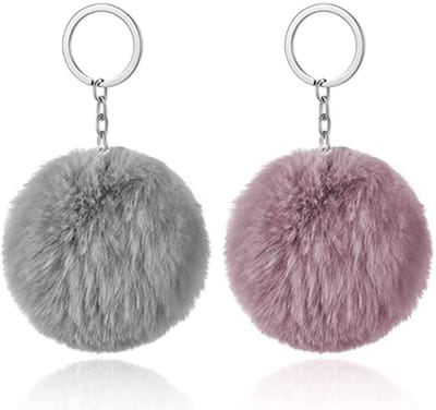 Dailygoods- Sleutelhanger Set van 2 - Pluizige Pompon - Grijs/Roze - Robuuste Ring - Modieus Accessoire - Zacht en Aangenaam - Pomponhanger