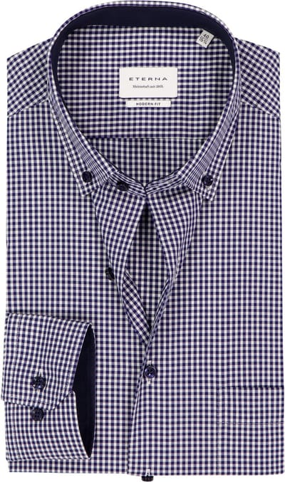 ETERNA modern fit overhemd - popeline - middenblauw met wit geruit (contrast) - Strijkvrij - Boordmaat: 46 (EU maat: XXL)