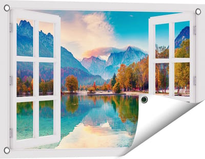 Gards Tuinposter Doorkijk Meer - 60x40 cm - Tuindoek - Tuindecoratie - Wanddecoratie buiten - Tuinschilderij