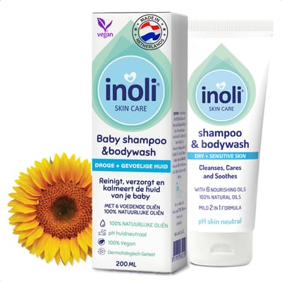 Inoli Skin Care 2-in-1 Baby Shampoo & Douchecrème - Droge & Gevoelige Huid - Met 6 Voedende 100% Natuurlijke Oliën - pH Huidneutraal - Baby Verzorgingsproducten - 200 ml