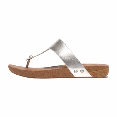 FitFlop Women iQushion Metallic-Leather Toe-Post Sandals Silver-Schoenmaat 36