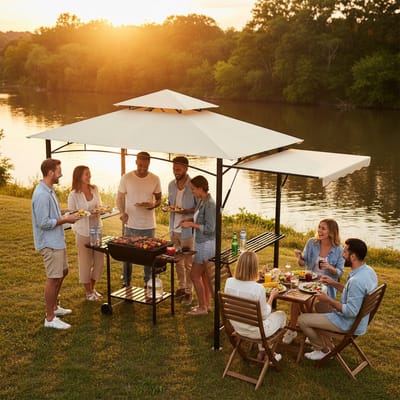 Froadp Barbecuepaviljoen met zijluifel Beige barbecuepaviljoen met dubbel dak 245 x 141 cm voor in de tuin