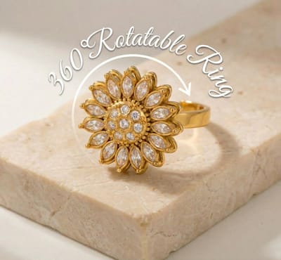 Lundholm Ophelia Luxe Ring Dames Bloem Goud Kleurig – Premium Stainless Steel 2.5 Micron PVD Gold Plated – 360° Draaibare Zirkonia Ring Anti - Anxiety Statement Ring met Steentjes – Verstelbaar One Size – Scandinavisch Design