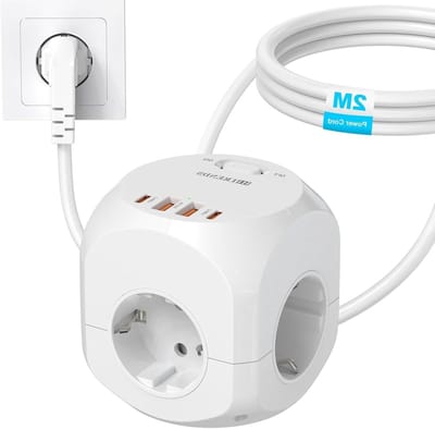 SnelShoppen - 8-in-1 Power Strip Cube met 4 Stopcontacten, 2 USB-C en 2 USB-A Poorten, 2m Kabel, 250V/10A, Ideaal voor Thuis, Kantoor en Woonkamer