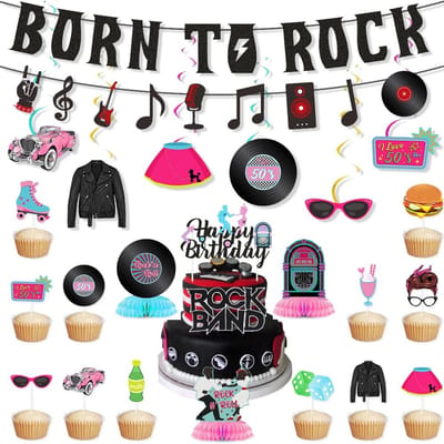 Dailygoods- Feestdecoratie Rock and Roll - Slingers - Ballonnen - Banners - Honingraat Centerpieces - Verjaardagsfeest Decoratie - Feestversiering
