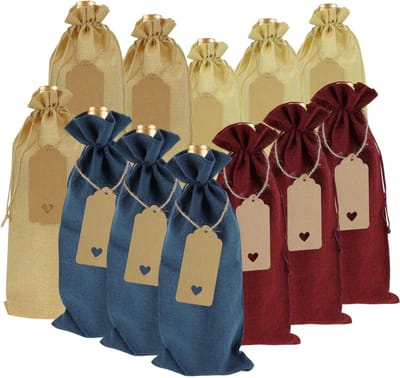 Linnen wijnzakken voor cadeauverpakking, 12 stuks, herbruikbaar met linten en etiketten, in diverse kleuren zoals blauw, wijnrood en beige