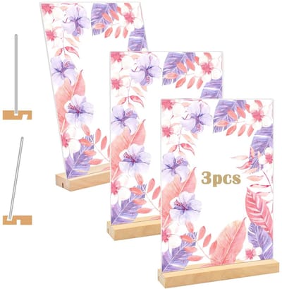 Dailygoods - A4 acryl bordhouder, 3-pack A4 kunststof displaystandaard met houten basis, verticale of schuine transparante postermenuhouder, tafelstandaard voor reclamecafé, kantoor, bruiloftswinkel,