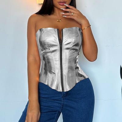 Dames Sexy en Trendy Metallic Glanzend Leer Borst Wrap Top Slank Vest Tailleband L brown