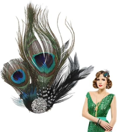 Feather Hair Clips voor Feestjes en Prom, Unieke Franje Hoofdband met Pauwveren, 1920s Gatsby Stijl, Glamoureuze Versiering voor Speciale Gelegenheden