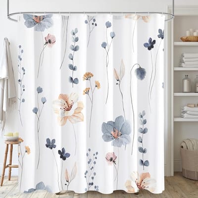 COOAU -Waterverf bloemendouchegordijn - Blauw-beige bloemendouchegordijn voor de badkamer - Douchegordijn Anti Schimmel - Inclusief ringen - 180x200cm