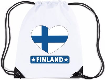 Finland thema sporttas - nylon rijgkoord rugzak - wit met hartjes vlag print - supporters - 11 liter - 45 x 34 cm