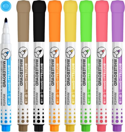 Droog uitwisbare stiften, 8 stuks, voor whiteboard en krijtbord, fijne punt, uitwisbaar en compact, ideaal voor school en kantoor