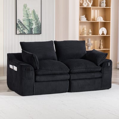 MODFU 2-Zitsbank - Met Zijvakken En Kussens - Voor Woonkamer Of Kantoor - Ribstof - Zwart - 191 x 94 x 85 cm