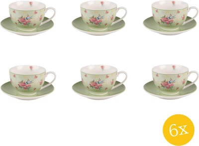 Clayre & Eef Kop en schotel set van 6 stuks schotel 200 ml Groen Beige Porselein Bloemen Servies