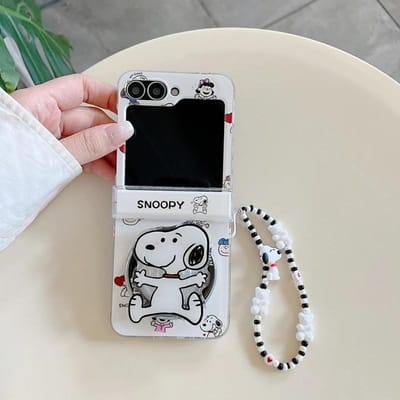 Schattige Cartoon Snoopy Charlie Brown Magnetische Houder Draadloos Opladen Telefoonhoesje Voor Samsung Galaxy Z Flip 6 5 4 3 Harde TPU Cover For Samsung ZFilp 6