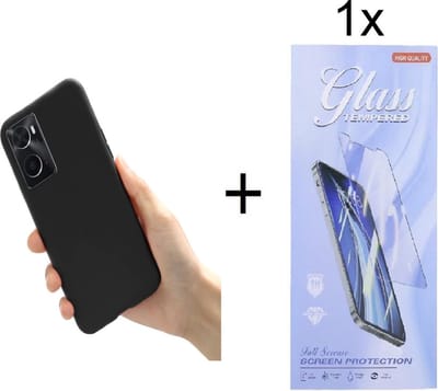 Hoesje Geschikt voor: Oppo A96 / A76 / A36 Silicone - Zwart + 1X Tempered Glass Screenprotector - ZT Accessoires