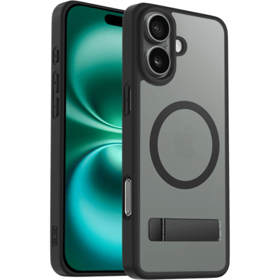 Coverzs Luxe Magnetische Matte Siliconen Hoesje met Standaard Geschikt voor iPhone 16 – Zwart, Slank en Schokbestendig