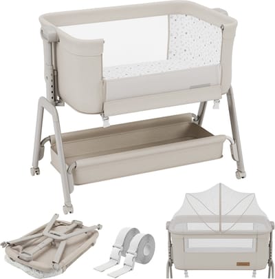 Tulano Dream 50 - 3-in-1 bijzetbedje - met muskietennet - Co-sleeper - matras met patronen - verstelbaar - beige