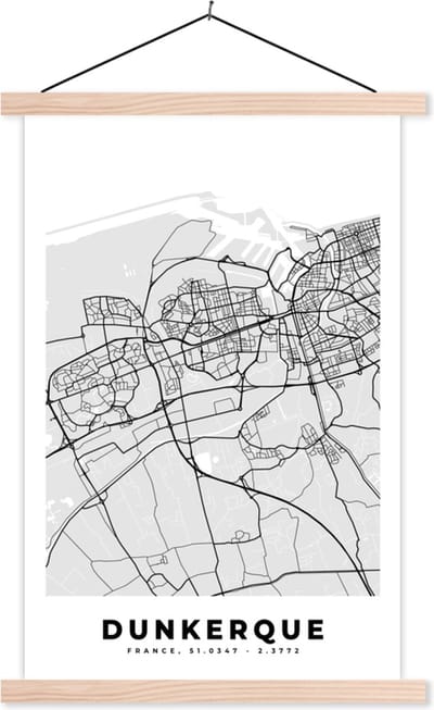 Posterhanger incl. Poster 40x60 cm - Schoolplaat - Kaart - Stadskaart - Dunkerque - Plattegrond - Frankrijk - Textielposter - Blanke latten - Stadskaart